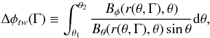 Mathematical equation: \begin{equation} \label{def_twist} \Delta \phi_{tw}(\Gamma)\equiv\int_{\theta_1}^{\theta_2} \frac{B_\phi(r(\theta,\Gamma),\theta)}{B_\theta(r(\theta,\Gamma),\theta)\sin\theta}\mbox{d}\theta , \end{equation}