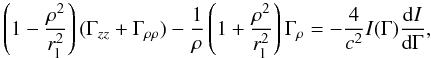 Mathematical equation: \begin{equation} \label{pulsar_eq} \left(1-\frac{\rho^2}{r_{\rm l}^2}\right)(\Gamma_{zz}+\Gamma_{\rho\rho})-\frac{1}{\rho}\left(1+\frac{\rho^2}{r_{\rm l}^2}\right)\Gamma_\rho=-\frac{4}{c^2}I(\Gamma)\frac{\mbox{d}I}{\mbox{d}\Gamma}, \end{equation}