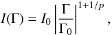 Mathematical equation: \begin{equation} I(\Gamma)=I_0\left|\frac{\Gamma}{\Gamma_0}\right|^{1+1/p}\label{I_tlk} , \end{equation}