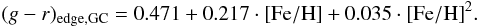 Mathematical equation: \begin{equation} (g-r)_{{\rm edge,GC}} = 0.471 + 0.217 \cdot {\rm [Fe/H]} + 0.035 \cdot {\rm [Fe/H]}^2. \end{equation}
