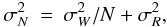 Mathematical equation: \begin{eqnarray} \sigma_N^2 &=& \sigma_W^2/N + \sigma_R^2, \end{eqnarray}