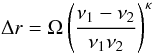 Mathematical equation: \begin{equation} \Delta r = \Omega \left(\frac{\nu_1-\nu_2}{\nu_1\nu_2}\right)^\kappa \label{ShiftEq} \end{equation}