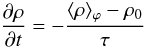 Mathematical equation: \begin{equation} \frac{\partial\rho}{\partial t} = -\frac{\langle\rho\rangle_{\varphi} - \rho_0}{\tau} \label{eq:addmass} \end{equation}