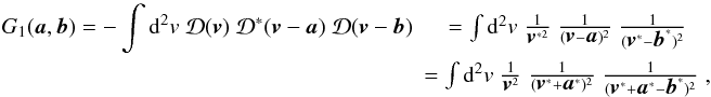 Mathematical equation: \begin{eqnarray} \label{eq:G1integralf} G_1(\vek{a},\vek{b}) = -\int \dd^2 v\; {\mathcal{D}}(\vek{v})\;{\mathcal{D}^*}(\vek{v}-\vek{a})\;{\mathcal{D}}(\vek{v}-\vek{b}) &= \int \dd^2 v\; \frac{1}{\vek{v}^{*2}}\;\frac{1}{(\vek{v}-\vek{a})^2}\;\frac{1}{(\vek{v}^*-\vek{b}^*)^2}\nonumber\\ &= \int \dd^2 v\; \frac{1}{\vek{v}^{2}}\;\frac{1}{(\vek{v}^*+\vek{a}^*)^2}\;\frac{1}{(\vek{v}^*+\vek{a}^*-\vek{b}^*)^2}\;, \end{eqnarray}