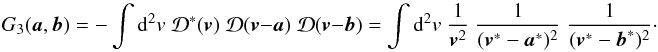 Mathematical equation: \begin{equation} \label{eq:G3integralf} G_3(\vek{a},\vek{b}) = -\int \dd^2 v\; {\mathcal{D}^*}(\vek{v})\;{\mathcal{D}}(\vek{v}-\vek{a})\;{\mathcal{D}}(\vek{v}-\vek{b}) = \int \dd^2 v\; \frac{1}{\vek{v}^{2}}\;\frac{1}{(\vek{v}^*-\vek{a}^*)^2}\;\frac{1}{(\vek{v}^*-\vek{b}^*)^2}\cdot \end{equation}