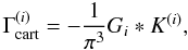 Mathematical equation: \begin{equation} \label{eq:conclu_relation} \Gamma^{(i)}_{\rm cart} = -\frac{1}{\pi^3} G_i * K^{(i)}, \end{equation}