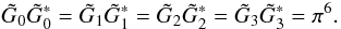 Mathematical equation: \begin{equation} \label{eq:GGstarnorm} \tilde{G}_0 \tilde{G}_0^* = \tilde{G}_1 \tilde{G}_1^* = \tilde{G}_2 \tilde{G}_2^* = \tilde{G}_3 \tilde{G}_3^* = \pi^6. \end{equation}