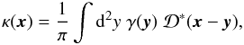 Mathematical equation: \begin{equation} \label{eq:invKS} \kappa(\vek{x}) = \frac{1}{\pi} \int \dd^2 y\; \gamma(\vek{y}) \; \mathcal{D}^*(\vek{x}-\vek{y}), \end{equation}
