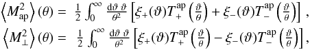 Mathematical equation: \begin{eqnarray} \label{eq:mapxi} \ba{M_{\rm ap}^2}(\theta) =& \frac{1}{2} \int_0^{\infty} \frac{\dd\vartheta \; \vartheta}{\theta^2} \bb{\xi_+(\vartheta) T^{\rm ap}_+\br{\frac{\vartheta}{\theta}} + \xi_-(\vartheta) T^{\rm ap}_-\br{\frac{\vartheta}{\theta}}}\,,\nonumber\\ \ba{M_{\perp}^2}(\theta) =& \frac{1}{2} \int_0^{\infty} \frac{\dd\vartheta \; \vartheta}{\theta^2} \bb{\xi_+(\vartheta) T^{\rm ap}_+\br{\frac{\vartheta}{\theta}} - \xi_-(\vartheta) T^{\rm ap}_-\br{\frac{\vartheta}{\theta}}}, \end{eqnarray}