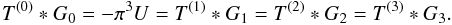 Mathematical equation: \begin{equation} \label{eq:conditionEEE} T^{(0)}*G_0 = -\pi^3 U = T^{(1)}*G_1 = T^{(2)}*G_2 = T^{(3)}*G_3. \end{equation}