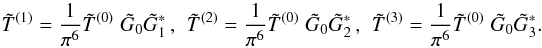 Mathematical equation: \begin{equation} \label{eq:T0Tirelation} \tilde{T}^{(1)} = \frac{1}{\pi^6} \tilde{T}^{(0)}\;\tilde{G}_0\tilde{G}_1^*\,,\ \ \tilde{T}^{(2)} = \frac{1}{\pi^6} \tilde{T}^{(0)}\;\tilde{G}_0\tilde{G}_2^*\,,\ \ \tilde{T}^{(3)} = \frac{1}{\pi^6} \tilde{T}^{(0)}\;\tilde{G}_0\tilde{G}_3^*. \end{equation}