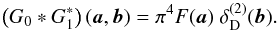 Mathematical equation: \begin{equation} \label{eq:G01} \br{G_0*G_1^*}(\vek{a},\vek{b}) = \pi^4 F(\vek{a})\; \delta^{(2)}_{\rm D}(\vek{b}). \end{equation}
