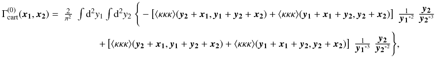 Mathematical equation: \begin{eqnarray} \label{eq:Grelationterm} \Gamma^{(0)}_{\rm cart}(\vek{x_1},\vek{x_2}) = & \frac{2}{\pi^2}\;\int \dd^2 y_1 \int \dd^2 y_2\; \Bigg\{ - \bb{\langle \kappa\kappa\kappa \rangle (\vek{y_2}+\vek{x_1},\vek{y_1}+\vek{y_2}+\vek{x_2})+\langle \kappa\kappa\kappa \rangle (\vek{y_1}+\vek{x_1}+\vek{y_2},\vek{y_2}+\vek{x_2}) }\; \frac{1}{\vek{y_1}^{*2}} \; \frac{\vek{y_2}}{\vek{y_2}^{*3}}\nonumber\\ & + \bb{\langle \kappa\kappa\kappa \rangle (\vek{y_2}+\vek{x_1},\vek{y_1}+\vek{y_2}+\vek{x_2})+\langle \kappa\kappa\kappa \rangle (\vek{y_1}+\vek{x_1}+\vek{y_2},\vek{y_2}+\vek{x_2}) }\; \frac{1}{\vek{y_1}^{*3}} \; \frac{\vek{y_2}}{\vek{y_2}^{*2}} \Bigg\}, \end{eqnarray}