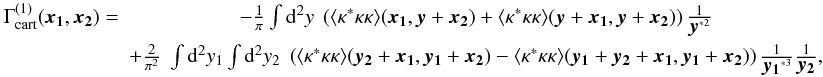 Mathematical equation: \begin{eqnarray} \label{eq:G1relation} \Gamma^{(1)}_{\rm cart}(\vek{x_1},\vek{x_2}) =& -\frac{1}{\pi} \int \dd^2 y\; \br{\langle \kappa^*\kappa\kappa \rangle(\vek{x_1},\vek{y}+\vek{x_2})+\langle \kappa^*\kappa\kappa \rangle(\vek{y}+\vek{x_1},\vek{y}+\vek{x_2})}\frac{1}{\vek{y}^{*2}}\nonumber \\ &+ \frac{2}{\pi^2} \;\int \dd^2 y_1 \int \dd^2 y_2\; \br{\langle \kappa^*\kappa\kappa \rangle(\vek{y_2}+\vek{x_1},\vek{y_1}+\vek{x_2})-\langle \kappa^*\kappa\kappa \rangle(\vek{y_1}+\vek{y_2}+\vek{x_1},\vek{y_1}+\vek{x_2})} \frac{1}{\vek{y_1}^{*3}}\frac{1}{\vek{y_2}}, \end{eqnarray}