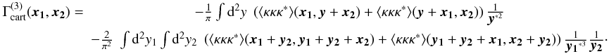 Mathematical equation: \begin{eqnarray} \label{eq:G3relation} \Gamma^{(3)}_{\rm cart}(\vek{x_1},\vek{x_2}) =& -\frac{1}{\pi} \int \dd^2 y\; \br{\langle \kappa\kappa\kappa^* \rangle(\vek{x_1},\vek{y}+\vek{x_2})+\langle \kappa\kappa\kappa^* \rangle(\vek{y}+\vek{x_1},\vek{x_2})}\frac{1}{\vek{y}^{*2}}\nonumber \\ &- \frac{2}{\pi^2} \;\int \dd^2 y_1 \int \dd^2 y_2\; \br{\langle \kappa\kappa\kappa^* \rangle(\vek{x_1}+\vek{y_2},\vek{y_1}+\vek{y_2}+\vek{x_2})+\langle \kappa\kappa\kappa^* \rangle(\vek{y_1}+\vek{y_2}+\vek{x_1},\vek{x_2}+\vek{y_2})} \frac{1}{\vek{y_1}^{*3}}\frac{1}{\vek{y_2}}\cdot \end{eqnarray}