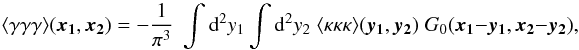 Mathematical equation: \begin{equation} \label{eq:defineG} \langle \gamma\gamma\gamma \rangle(\vek{x_1},\vek{x_2}) = -\frac{1}{\pi^3}\;\int \dd^2 y_1 \int \dd^2 y_2\; \langle \kappa\kappa\kappa \rangle (\vek{y_1},\vek{y_2}) \;G_0(\vek{x_1}-\vek{y_1},\vek{x_2}-\vek{y_2}), \end{equation}