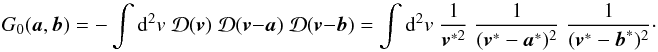 Mathematical equation: \begin{equation} \label{eq:gkerneldef} G_0(\vek{a},\vek{b}) = -\int \dd^2 v\; {\mathcal{D}}(\vek{v})\;{\mathcal{D}}(\vek{v}-\vek{a})\;{\mathcal{D}}(\vek{v}-\vek{b}) = \int \dd^2 v\; \frac{1}{\vek{v}^{*2}}\;\frac{1}{(\vek{v}^*-\vek{a}^*)^2}\;\frac{1}{(\vek{v}^*-\vek{b}^*)^2}\cdot \end{equation}