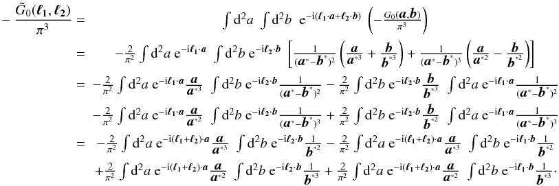 Mathematical equation: \appendix \setcounter{section}{1} \begin{eqnarray} -\frac{\tilde{G}_0(\vek{\ell_1},\vek{\ell_2})}{\pi^3}= &\int \dd^2 a \;\int \dd^2 b\; \expo{-\ic \br{\svek{\ell_1}\cdot\svek{a}+\svek{\ell_2}\cdot\svek{b}}} \;\br{-\frac{G_0(\vek{a},\vek{b})}{\pi^3}}\nonumber\\ =& -\frac{2}{\pi^2} \int \dd^2 a \expo{-\ic \svek{\ell_1}\cdot\svek{a}} \;\int \dd^2 b \expo{-\ic \svek{\ell_2}\cdot\svek{b}} \; \bb{\frac{1}{(\vek{a}^*-\vek{b}^*)^2} \br{\frac{\vek{a}}{\vek{a}^{*3}}+\frac{\vek{b}}{\vek{b}^{*3}}} + \frac{1}{(\vek{a}^*-\vek{b}^*)^3}\br{\frac{\vek{a}}{\vek{a}^{*2}}-\frac{\vek{b}}{\vek{b}^{*2}}} }\nonumber\\ =& -\frac{2}{\pi^2} \int \dd^2 a \expo{-\ic \svek{\ell_1}\cdot\svek{a}} \frac{\vek{a}}{\vek{a}^{*3}} \; \int \dd^2 b \expo{-\ic \svek{\ell_2}\cdot\svek{b}} \frac{1}{(\vek{a}^*-\vek{b}^*)^2} -\frac{2}{\pi^2} \int \dd^2 b \expo{-\ic \svek{\ell_2}\cdot\svek{b}} \frac{\vek{b}}{\vek{b}^{*3}}\; \int \dd^2 a \expo{-\ic \svek{\ell_1}\cdot\svek{a}} \frac{1}{(\vek{a}^*-\vek{b}^*)^2} \nonumber\\ & - \frac{2}{\pi^2} \int \dd^2 a \expo{-\ic \svek{\ell_1}\cdot\svek{a}} \frac{\vek{a}}{\vek{a}^{*2}} \; \int \dd^2 b \expo{-\ic \svek{\ell_2}\cdot\svek{b}} \frac{1}{(\vek{a}^*-\vek{b}^*)^3} + \frac{2}{\pi^2} \int \dd^2 b \expo{-\ic \svek{\ell_2}\cdot\svek{b}} \frac{\vek{b}}{\vek{b}^{*2}}\; \int \dd^2 a \expo{-\ic \svek{\ell_1}\cdot\svek{a}} \frac{1}{(\vek{a}^*-\vek{b}^*)^3}\nonumber\\ =& -\frac{2}{\pi^2} \int \dd^2 a \expo{-\ic (\svek{\ell_1}+\svek{\ell_2})\cdot\svek{a}} \frac{\vek{a}}{\vek{a}^{*3}} \; \int \dd^2 b \expo{-\ic \svek{\ell_2}\cdot\svek{b}} \frac{1}{\vek{b}^{*2}} -\frac{2}{\pi^2} \int \dd^2 a \expo{-\ic (\svek{\ell_1}+\svek{\ell_2})\cdot\svek{a}} \frac{\vek{a}}{\vek{a}^{*3}} \; \int \dd^2 b \expo{-\ic \svek{\ell_1}\cdot\svek{b}} \frac{1}{\vek{b}^{*2}} \nonumber\\ & + \frac{2}{\pi^2} \int \dd^2 a \expo{-\ic (\svek{\ell_1}+\svek{\ell_2})\cdot\svek{a}} \frac{\vek{a}}{\vek{a}^{*2}} \; \int \dd^2 b \expo{-\ic \svek{\ell_2}\cdot\svek{b}} \frac{1}{\vek{b}^{*3}} + \frac{2}{\pi^2} \int \dd^2 a \expo{-\ic (\svek{\ell_1}+\svek{\ell_2})\cdot\svek{a}} \frac{\vek{a}}{\vek{a}^{*2}} \; \int \dd^2 b \expo{-\ic \svek{\ell_1}\cdot\svek{b}} \frac{1}{\vek{b}^{*3}}\cdot \end{eqnarray}