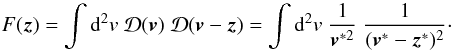 Mathematical equation: \begin{equation} \label{eq:fkerneldef} F(\vek{z}) = \int \dd^2 v\; {\mathcal{D}}(\vek{v})\;{\mathcal{D}}(\vek{v}-\vek{z}) = \int \dd^2 v\; \frac{1}{\vek{v}^{*2}}\;\frac{1}{(\vek{v}^*-\vek{z}^*)^2}\cdot \end{equation}