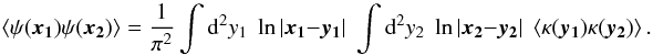 Mathematical equation: \begin{equation} \label{eq:2kpsi} \ba{\psi(\vek{x_1}) \psi(\vek{x_2})} = \frac{1}{\pi^2} \int \dd^2 y_1 \; \ln|\vek{x_1}-\vek{y_1}| \; \int \dd^2 y_2 \; \ln|\vek{x_2}-\vek{y_2}|\; \ba{ \kappa(\vek{y_1}) \kappa(\vek{y_2})}. \end{equation}