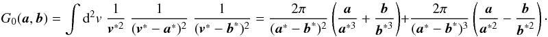 Mathematical equation: \begin{equation} \label{eq:G2p} G_0(\vek{a},\vek{b}) = \int \dd^2 v\; \frac{1}{\vek{v}^{*2}}\;\frac{1}{(\vek{v}^*-\vek{a}^*)^2}\;\frac{1}{(\vek{v}^*-\vek{b}^*)^2} = \frac{2\pi}{(\vek{a}^*-\vek{b}^*)^2} \br{\frac{\vek{a}}{\vek{a}^{*3}}+\frac{\vek{b}}{\vek{b}^{*3}}} + \frac{2\pi}{(\vek{a}^*-\vek{b}^*)^3}\br{\frac{\vek{a}}{\vek{a}^{*2}}-\frac{\vek{b}}{\vek{b}^{*2}}} \cdot \end{equation}