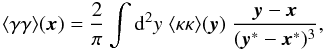 Mathematical equation: \begin{equation} \label{eq:Frelation} \langle \gamma\gamma\rangle (\vek{x}) = \frac{2}{\pi}\int \dd^2 y \; \langle \kappa\kappa \rangle (\vek{y}) \; \frac{\vek{y}-\vek{x}}{(\vek{y}^*-\vek{x}^*)^3}, \end{equation}
