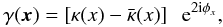 Mathematical equation: \begin{equation} \gamma(\vek{x}) = \bb{\kappa(x) - \bar{\kappa}(x)} \; \expo{2 \ic\phi_x}, \end{equation}