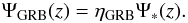 Mathematical equation: \begin{equation} \Psi_{\rm GRB}(z) = \eta_{\rm GRB}\Psi_{*}(z). \label{psigrbreal} \end{equation}