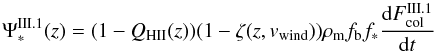 Mathematical equation: \begin{equation} \Psi_{*}^{\rm III.1}(z)=(1-Q_{\rm H II}(z))(1-\zeta(z,v_{\rm wind}))\rho_{\rm {m}} f_{\rm b} f_{*}\frac{{\rm d}F^{\rm III.1}_{\rm {col}}}{{\rm d}t} \label{SFRH} \end{equation}