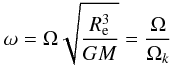 Mathematical equation: \begin{equation} \label{omega} \omega = \Omega\sqrt{\frac{R_{\rm e}^3}{GM}}=\frac{\Omega}{\Omega_k} \end{equation}