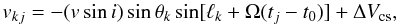 Mathematical equation: \begin{equation} v_{kj} = - (v \sin i) \sin \theta_{k} \sin [\ell_{k} + \Omega (t_{j} - t_{0})] + \Delta V_{\rm cs}, \label{rv_perturb} \end{equation}