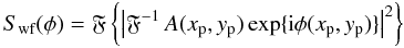 Mathematical equation: \begin{equation} \label{eq:20} \Swf(\phi) = \Fourier\left\{ \left| \Fourier^{-1} A(\xp,\yp) \exp\{\mathrm{i}\phi(\xp,\yp)\} \right|^2 \right\} \end{equation}
