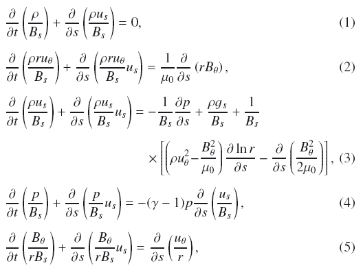 Mathematical equation: \begin{eqnarray} \label{eq1}&& \frac{\partial}{\partial t}\left(\frac{\rho}{B_s}\right) + \frac{\partial}{\partial s} \left(\frac{\rho u_s}{B_s}\right)=0, \\[1.5mm] \label{eq2} &&\frac{\partial}{\partial t}\left(\frac{\rho r u_\theta}{B_s}\right) + \frac{\partial}{\partial s} \left(\frac{\rho r u_\theta}{B_s} u_s\right) = \frac1{\mu_0}\frac{\partial}{\partial s} \left(r B_\theta\right), \\[1.5mm] &&\frac{\partial}{\partial t}\left(\frac{\rho u_s}{B_s}\right) + \frac{\partial}{\partial s} \left(\frac{\rho u_s}{B_s} u_s\right) = -\frac1{B_s}\frac{\partial p}{\partial s}+\frac{\rho g_s}{B_s}+\frac1{B_s}\nonumber \\[1.5mm] \label{eq3} &&\qquad\qquad\qquad\qquad\qquad\ \ \times\left[ \left(\rho u_{\theta}^2 \!-\! \frac{B_{\theta}^2}{\mu_0}\right) \frac{\partial \ln r}{\partial s}-\frac{\partial}{\partial s}\left(\frac{B_\theta^2}{2\mu_0}\right) \right], \\[1.5mm] \label{eq4} &&\frac{\partial}{\partial t}\left(\frac{p}{B_s}\right)+ \frac{\partial}{\partial s}\left(\frac{p}{B_s} u_s\right) = -(\gamma-1)p\frac{\partial}{\partial s}\left(\frac{u_s}{B_s}\right), \\[1.5mm] \label{eq5}&&\frac{\partial}{\partial t}\left(\frac{B_\theta}{r B_s}\right)+ \frac{\partial}{\partial s}\left(\frac{B_\theta}{r B_s} u_s\right)=\frac{\partial}{\partial s}\left(\frac{u_\theta}{r}\right), \end{eqnarray}