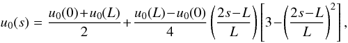 Mathematical equation: \begin{equation} u_0(s) = \frac{u_0(0) \!+\! u_0(L)}{2} \!+\! \frac{u_0(L) \!-\! u_0(0)}{4} \left(\frac{2s \!-\! L}{L}\right)\left[3 \!-\! \left(\frac{2s \!-\! L}{L}\right)^2\right], \label{eq27} \end{equation}