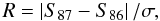 \begin{equation*} R = \left| S_{87} - S_{86}\right| {/} \sigma, \end{equation*}