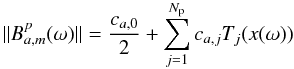 Mathematical equation: \begin{equation} \|\bpam\|=\frac{c_{a,0}}{2}+\sum_{j=1}^{N_{\rm p}}c_{a,j}T_j(x(\omega)) \end{equation}