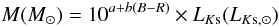 Mathematical equation: \begin{equation} M(M_{\odot})=10^{a + b (B-R)}\times L_{K{\rm s}}(L_{K{\rm s},\odot}) \end{equation}