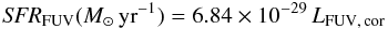 Mathematical equation: \begin{equation} {\it SFR}_{\rm FUV}(M_{\odot}\,{\rm yr}^{-1})=6.84\times10^{-29} \, L_{\rm FUV,\,cor} \end{equation}