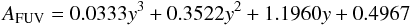 Mathematical equation: \begin{equation} A_{\rm FUV}=0.0333 y^{3} + 0.3522 y^{2} + 1.1960 y + 0.4967 \end{equation}