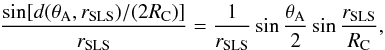 Mathematical equation: \begin{equation} \frac{ \sin[ d(\theta_{\rm A},\rSLS) /(2\rC)]}{\rSLS} = \frac{1}{\rSLS} \sin \frac{\theta_{\rm A}}{2} \sin\frac{\rSLS}{\rC}, \label{e-autocorr-separation-A} \end{equation}