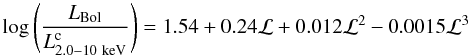 Mathematical equation: \begin{equation} \log \left(\frac{L_{\rm Bol}}{L_{\rm 2.0{-}10~keV}^{\rm c}}\right)=1.54+0.24\mathcal {L}+0.012\mathcal {L}^2-0.0015\mathcal {L}^3 \end{equation}