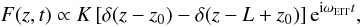 Mathematical equation: \begin{equation} F(z,t)\propto K\left[\delta(z-z_0)-\delta(z-L+z_0)\right]{\rm e}^{{\rm i}\omega_{\rm EIT}t}, \label{eq:3.2} \end{equation}