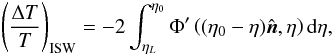 Mathematical equation: \begin{equation} \left(\frac{\Delta T}{T}\right)_{\rm ISW}=-2\int_{\eta_L}^{\eta_0}\Phi'\left((\eta_0-\eta)\hat{\vec n},\eta \right)\rd\eta, \label{sec:theory:eq:isw} \end{equation}