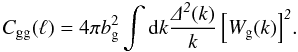 Mathematical equation: \begin{equation} C_{\rm gg}(\ell) = 4 \pi b^2_{\rm g}\int \rd {\it k \frac{\Delta^2(k)}{k} \left[W_{\rm g}(k)\right]^2}. \label{eq:cgg} \end{equation}