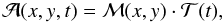 Mathematical equation: \begin{equation} {\cal A}(x,y,t) = {\cal M} (x,y) \cdot {\cal T} (t), \end{equation}