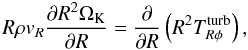 Mathematical equation: \begin{equation} R\rho v_R\frac{\partial R^2 \Omega_{\rm K}}{\partial R} = \frac{\partial}{\partial R} \left( R^2 T_{R \phi}^{\rm turb} \right) , \label{ang_mom_nozphi} \end{equation}