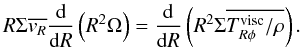 Mathematical equation: \begin{equation} R\Sigma \overline{v_R} \frac{\rm d}{{\rm d}R}\left( R^2 \Omega \right)= \frac{\rm d}{{\rm d}R} \left( R^2 \Sigma \overline{T_{R\phi}^{\rm visc}/\rho} \right) . \label{vert_avg_angmom} \end{equation}