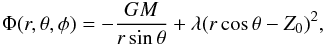 Mathematical equation: \appendix \setcounter{section}{1} \begin{equation} \label{eq:1} \Phi(r,\theta,\phi) = -\frac{GM}{r\sin\theta}+\lambda(r\cos\theta-Z_0)^2, \end{equation}