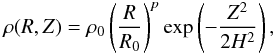 Mathematical equation: \begin{eqnarray} \lefteqn{ \rho(R,Z) = \rho_0 \left(\frac{R}{R_0}\right)^p \exp \left( - \frac{Z^2}{2 H^2} \right) , } \label{rho_rz_gauss} \end{eqnarray}