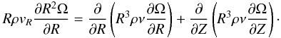Mathematical equation: \begin{eqnarray} \lefteqn{ R\rho v_R\frac{\partial R^2 \Omega}{\partial R} = \frac{\partial}{\partial R} \left( R^3\rho \nu \frac{\partial \Omega}{\partial R}\right) + \frac{\partial}{\partial Z} \left( R^3\rho \nu \frac{\partial \Omega}{\partial Z}\right) \cdot} \label{ang_mom_visc_II} \end{eqnarray}